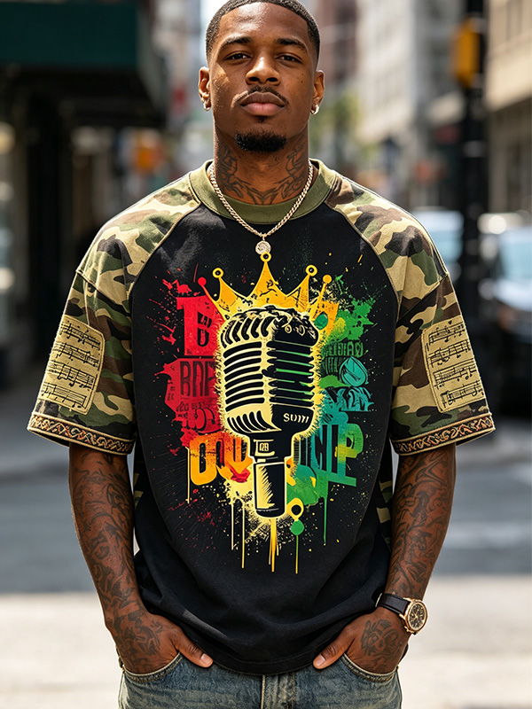 Men's Retro Fun Microphone Music Print T-Shirt