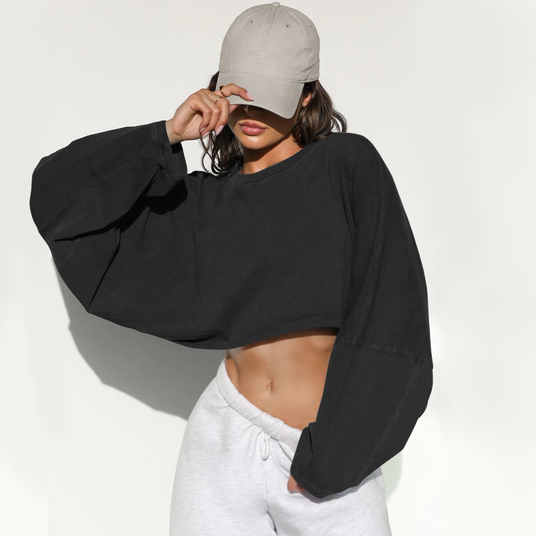 🔥LAST DAY 49% OFF - Women Long Sleeve Cropped Sweatshirt Oversized Crew Neck Workout Tops