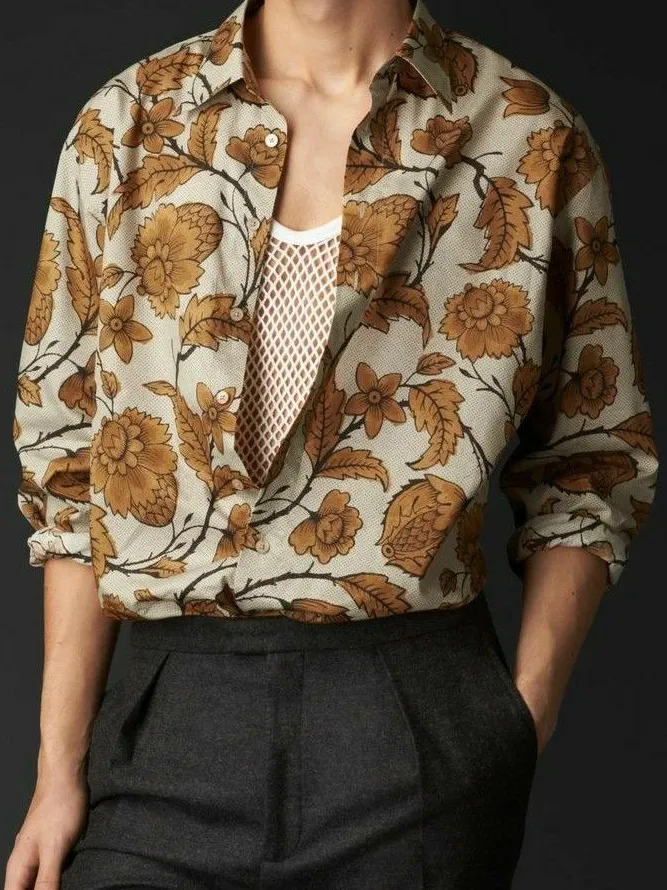 Men's Vintage Brown Autumn Floral Art Print Long Sleeve Shirt