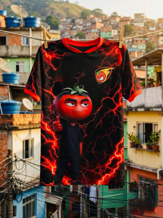 Men's Black Red Lightning Tomato Cartoon Art Print T-Shirt