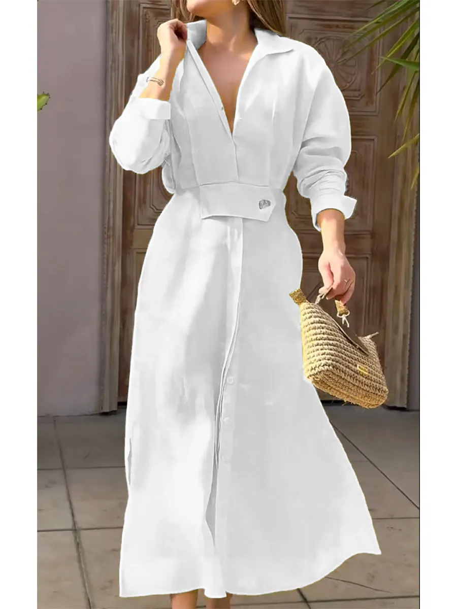 Women's Waisted Linen Cotton Long Sleeve Dress