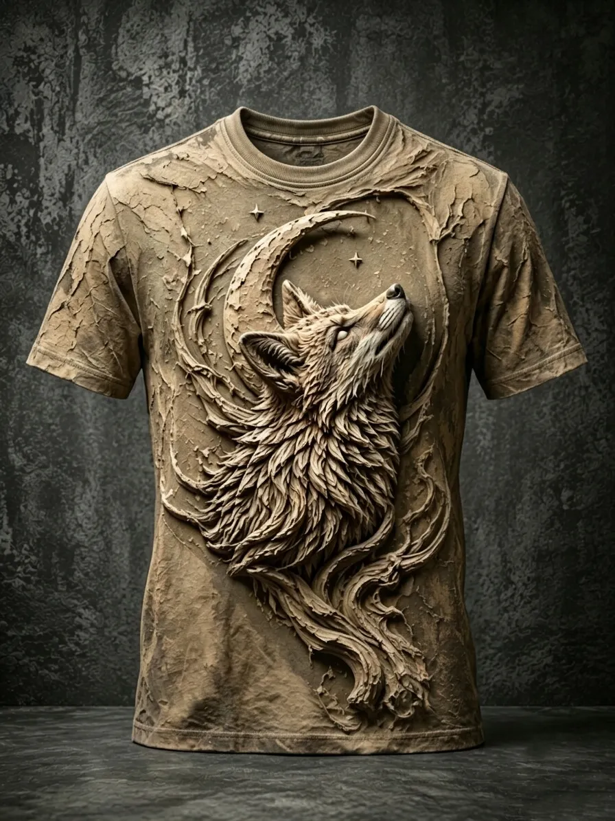Men's Spirit Animal Wolf Howling At Moon Print Casual T-Shirt
