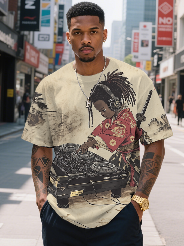 Men's Black Boy With Dreadlocks DJ Art Print T-Shirt