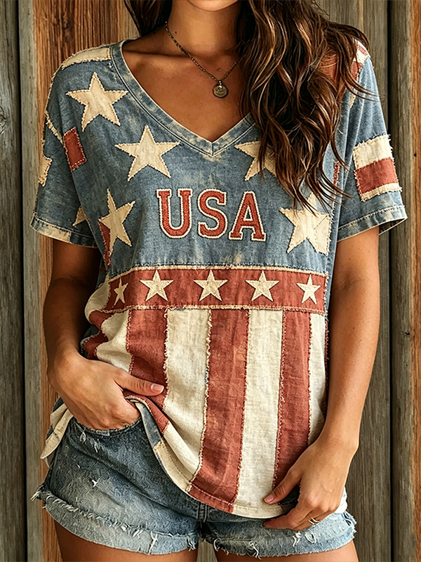 Women's Retro USA Star Stripe Patchwork Art Print V Neck Short Sleeve T-Shirt