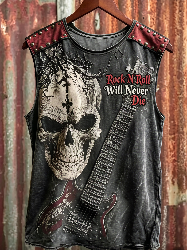 Men's Rock and Roll Will Never Die Gothic Skull Print Tank Top