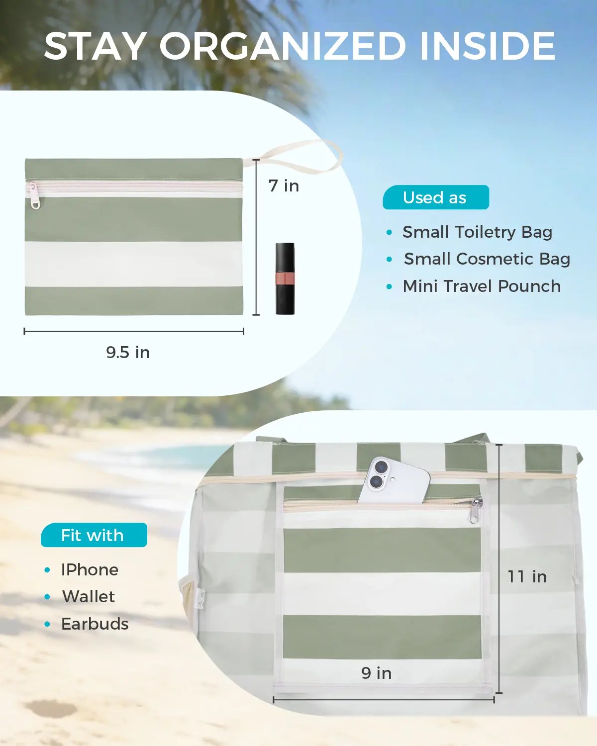 Large Mesh Beach Bag with 40oz Tumbler Pocket and Zipper Closure