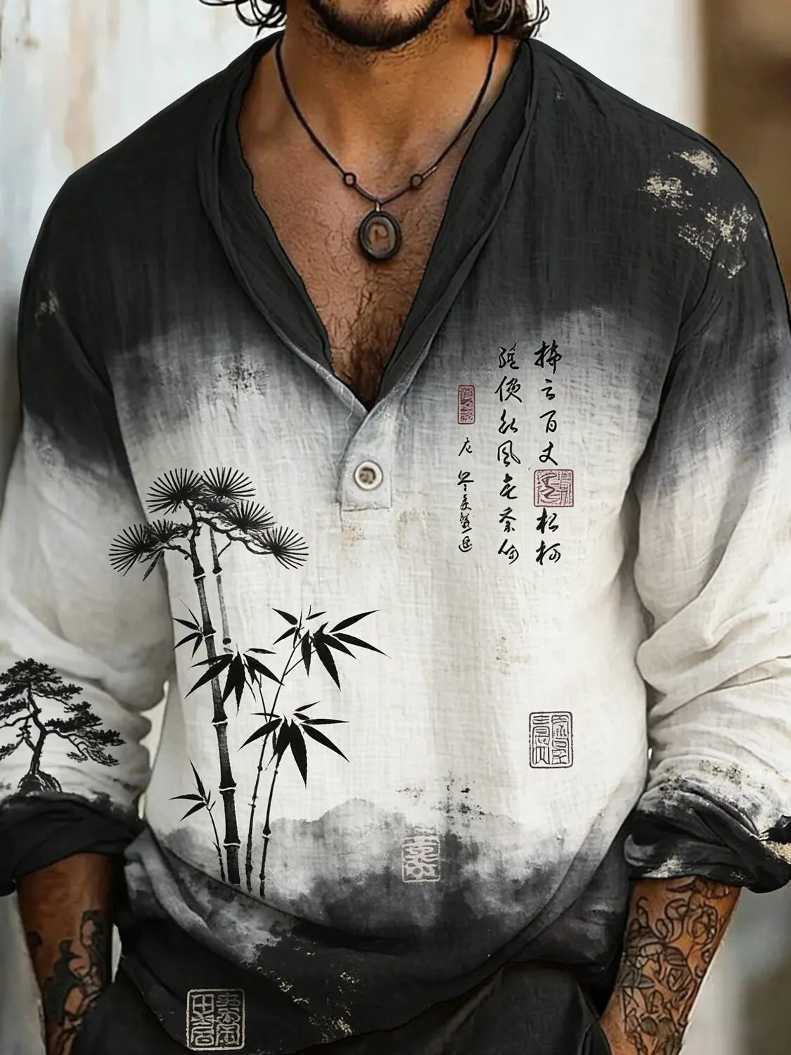 Men's Retro Ink Art Bamboo Calligraphy Print Long Sleeve Shirt