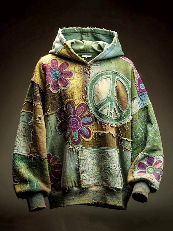 Men's Hippie Floral And Peace Symbol Patchwork Print Pocket Hoodie