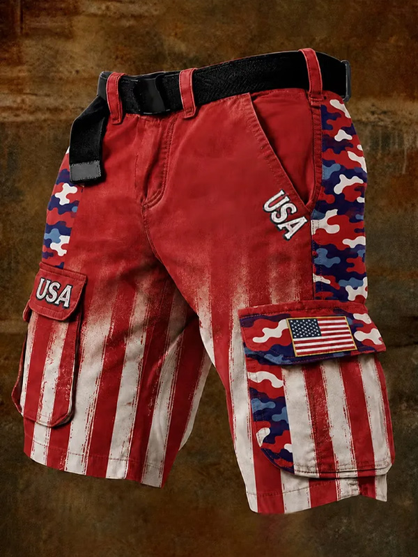 Men's USA Flag Camo & Striped Art Print Casual Shorts