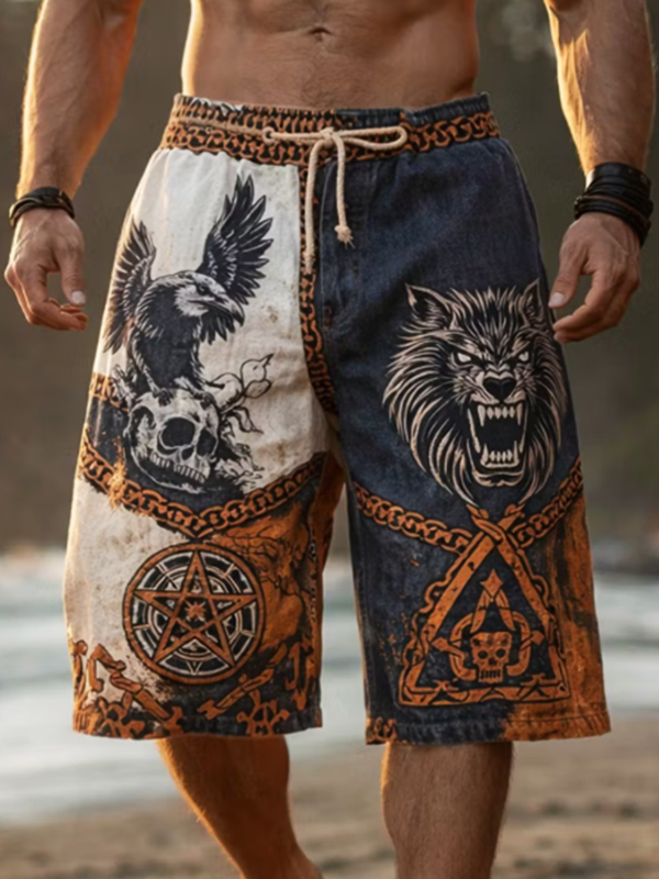 Men's Viking Raven & Wolf Pentagram Art Print Casual Shorts