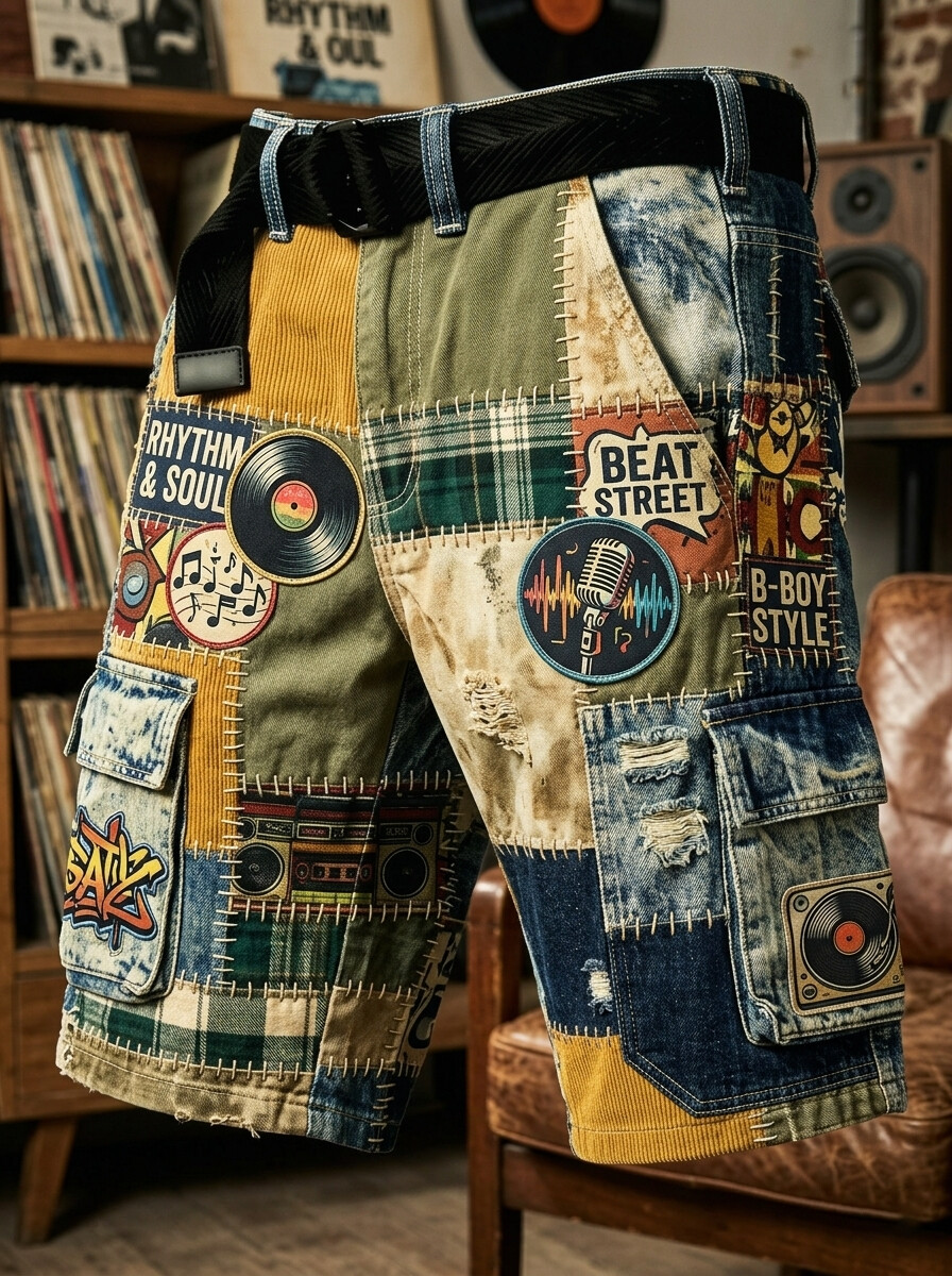 Men's Rhythm And Soul Retro Vinyl Record Stitching Print Cargo Shorts