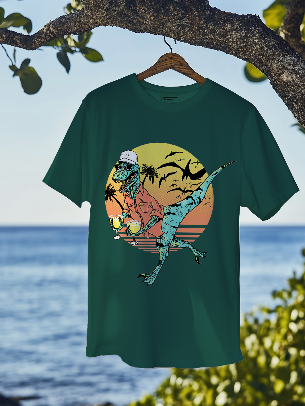 Men's Tropical Dinosaur Cocktail Sunset Print T-Shirt