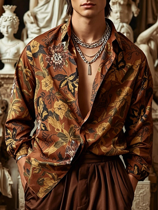 Men's Retro Floral Botanical Art Print Long Sleeve Shirt