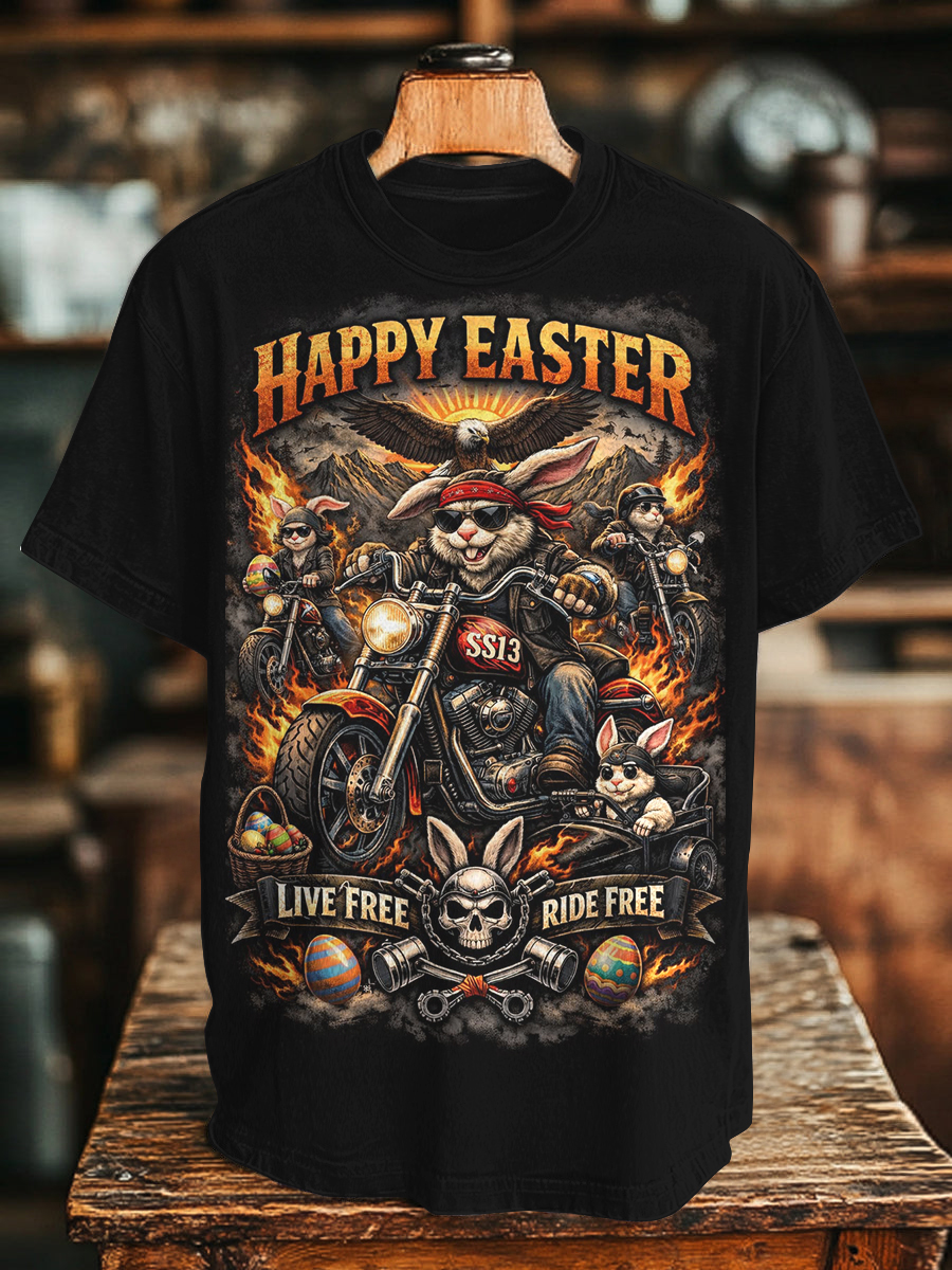 Men's Happy Easter Biker Bunny Retro Motorcycle Live Free Ride Free Art Print T-Shirt