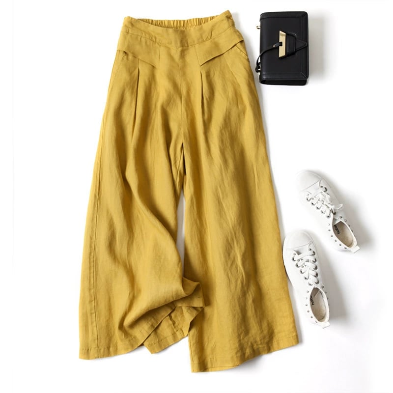 Women's Cotton Linen Culottes Pants Elastic Waist Wide Leg Palazzo Trousers Capri Pants with Pockets
