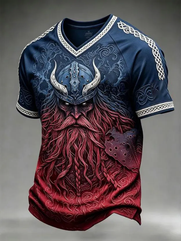 Men's Viking Warrior Face with Horned Helmet Print V Neck T-Shirt