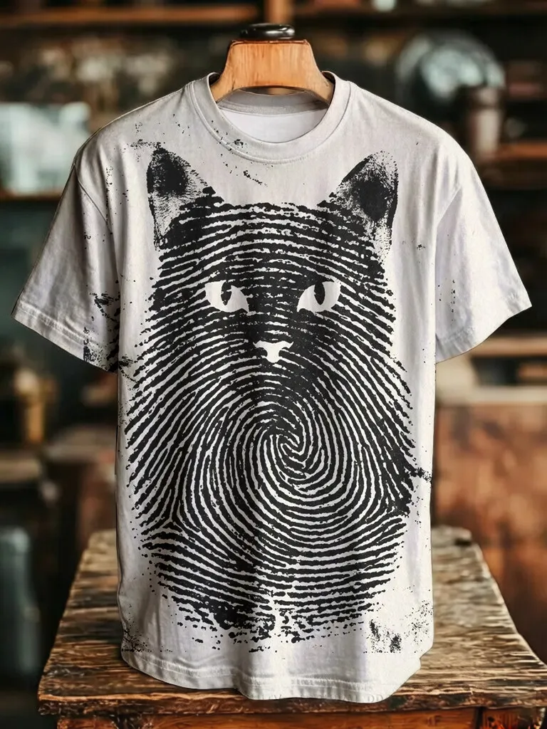 Men's Fun Cat Fingerprints Print Casual T-Shirt