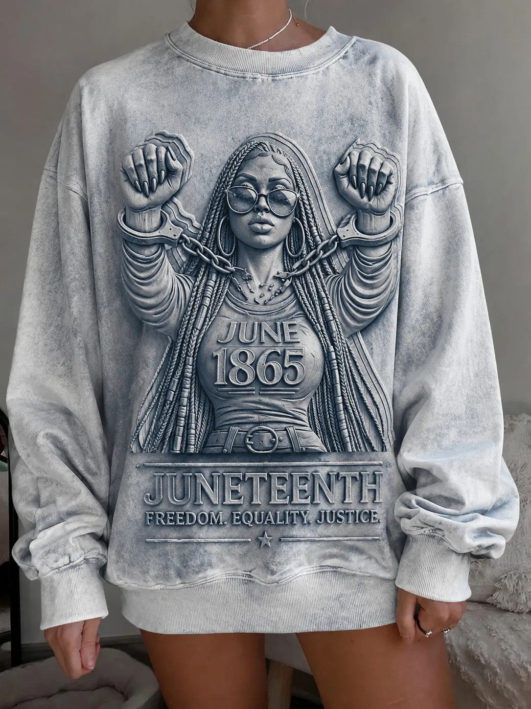 Women's Juneteenth June 1865 Broken Chains Black Woman Freedom Print Long Sleeve Thin Sweatshirt