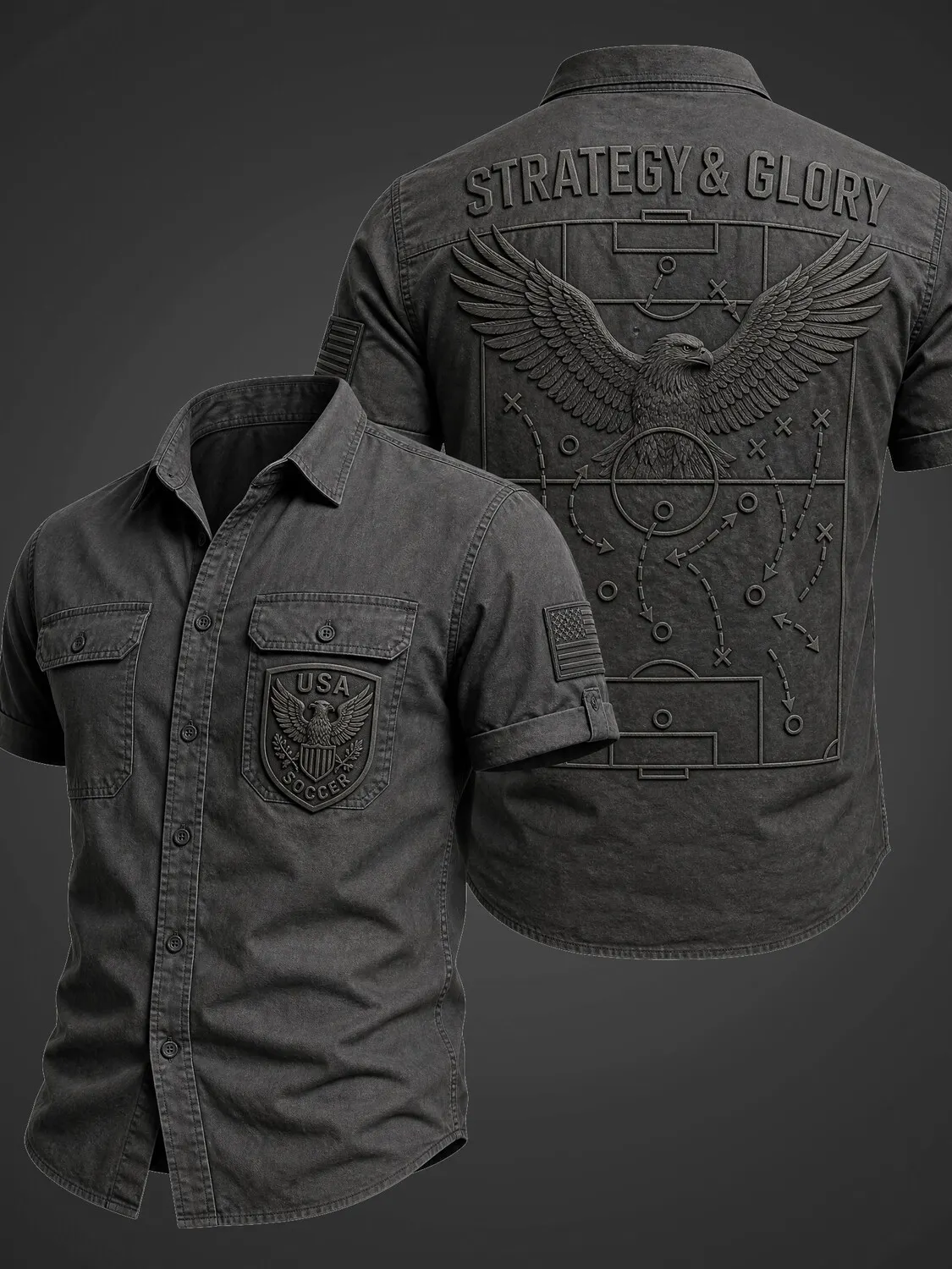 Men's Embossed Bald Eagle Soccer Field Tactics Diagram USA Patriotic Print Short Sleeve Shirt