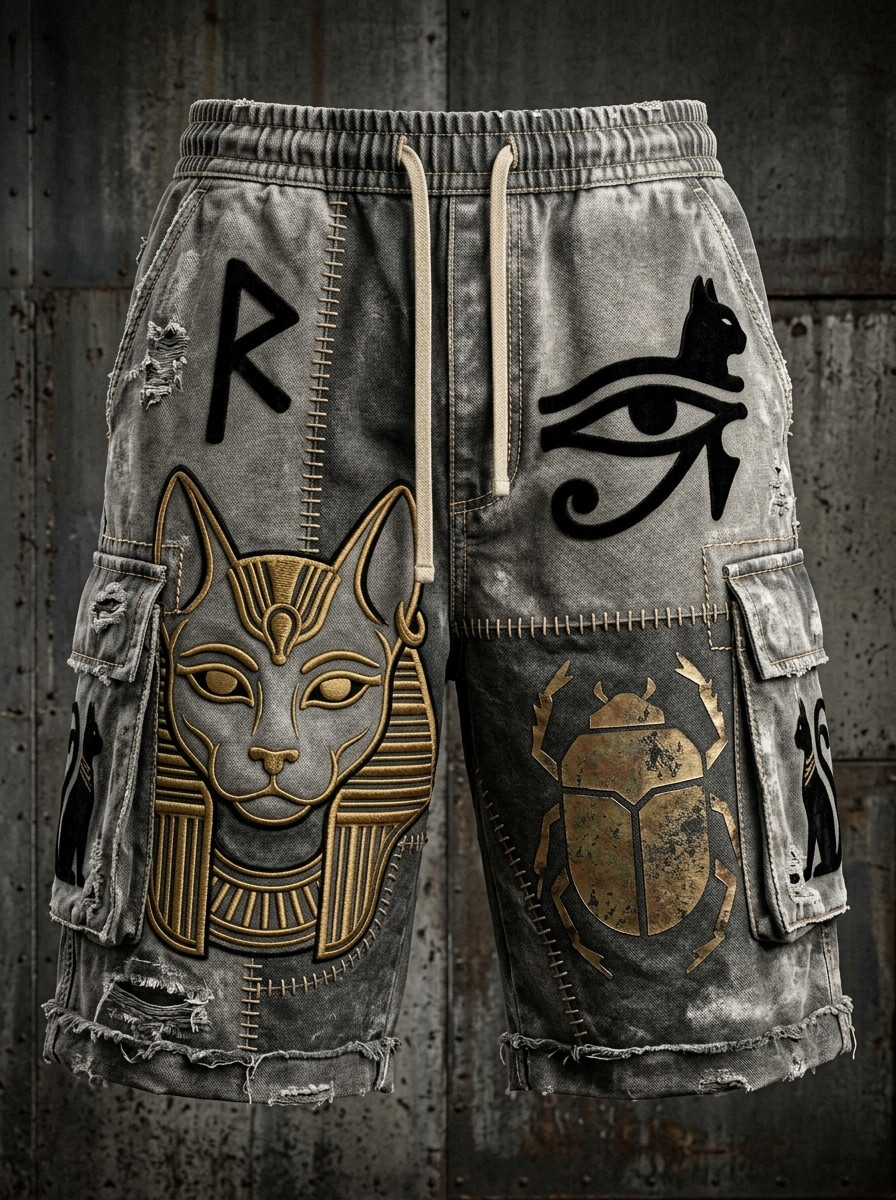 Men's Bastet Cat Ancient Egypt Mystical Art Print Drawstring Waist Casual Shorts
