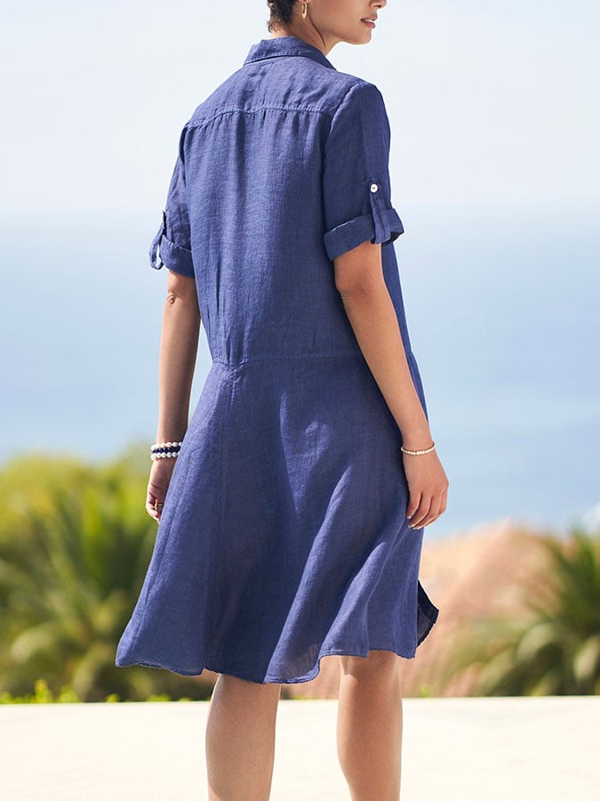 Women's Casual Solid Color Lapel Short Sleeve Button Dress