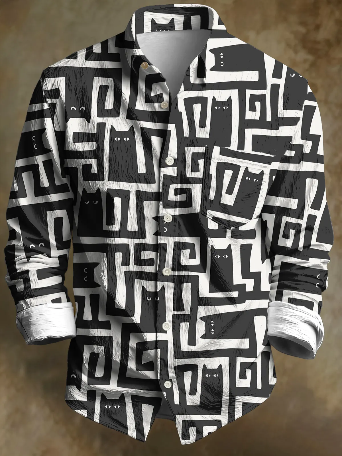 Men's Abstract Maze Black Cat Seamless Pattern Print Long Sleeve Shirt