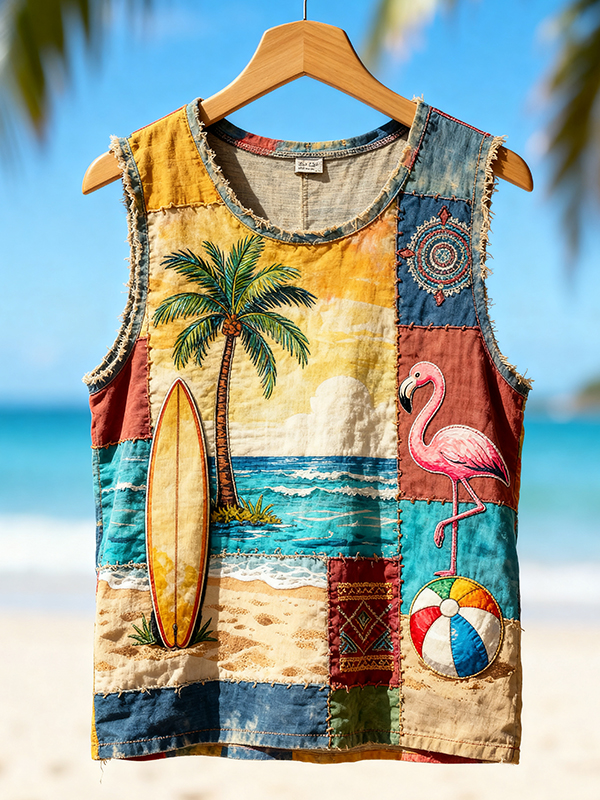 Men's Beach Vacation Flamingo And Nature Landscape Patchwork Art Print Tank Top