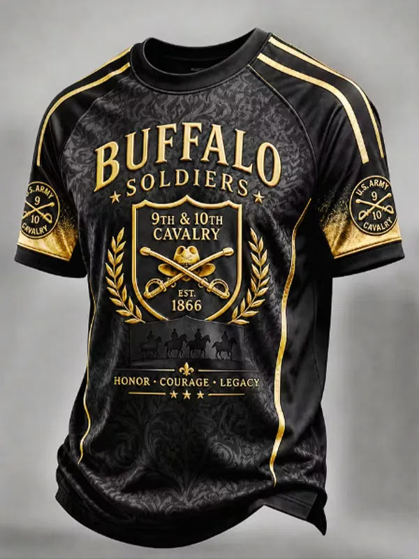 Men's Buffalo Soldiers Cavalry Badge Woven Texture Print T-Shirt