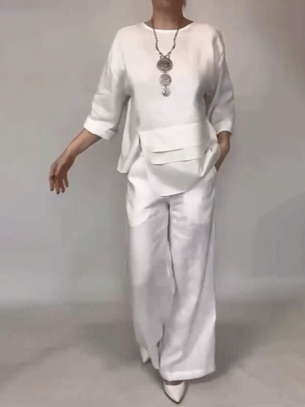Women's Casual Button Decorated Cotton And Linen Two-Piece Set