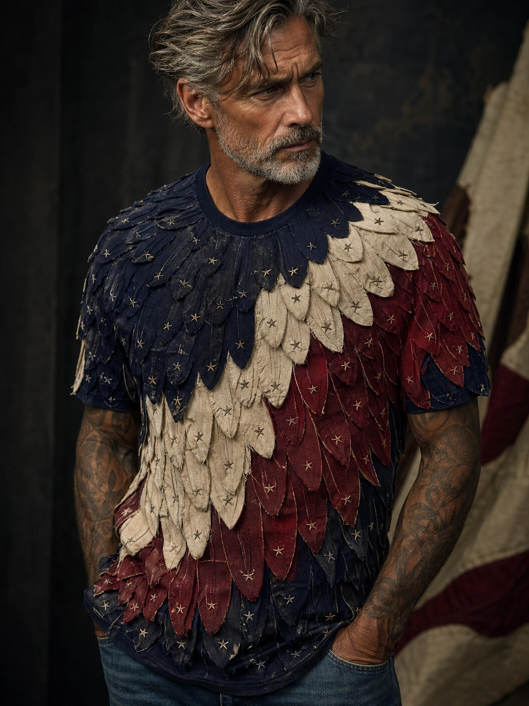 Men's American Flag Feather Art Print T-Shirt