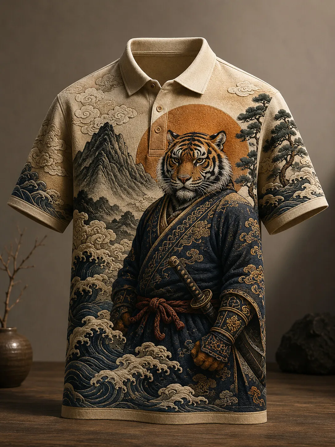 Men's Ukiyo-e Samurai Tiger Great Wave Pine Mountain Print Polo Shirt