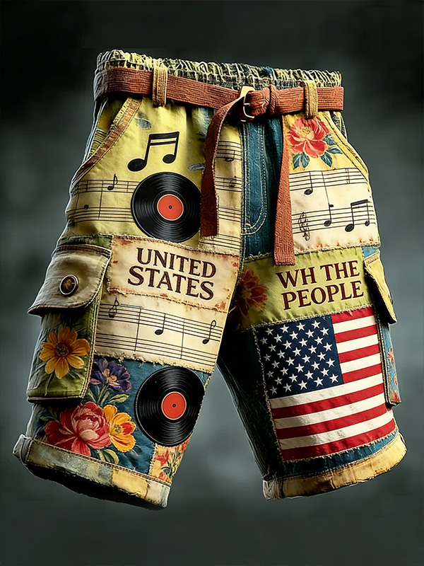 Men's Retro United States Flag Music Flowers Print Denim-Like Cargo Shorts