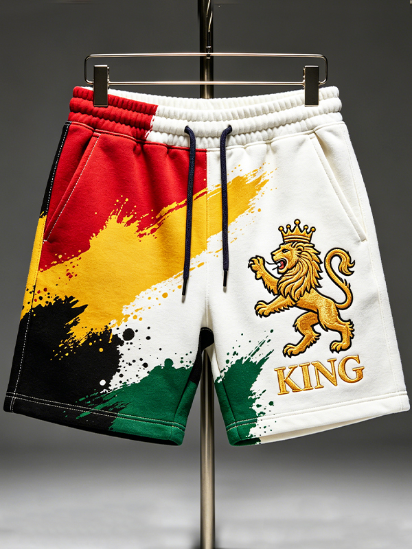 Men's Reggae Colors Split Brushstroke Lion King Art Print Casual Shorts
