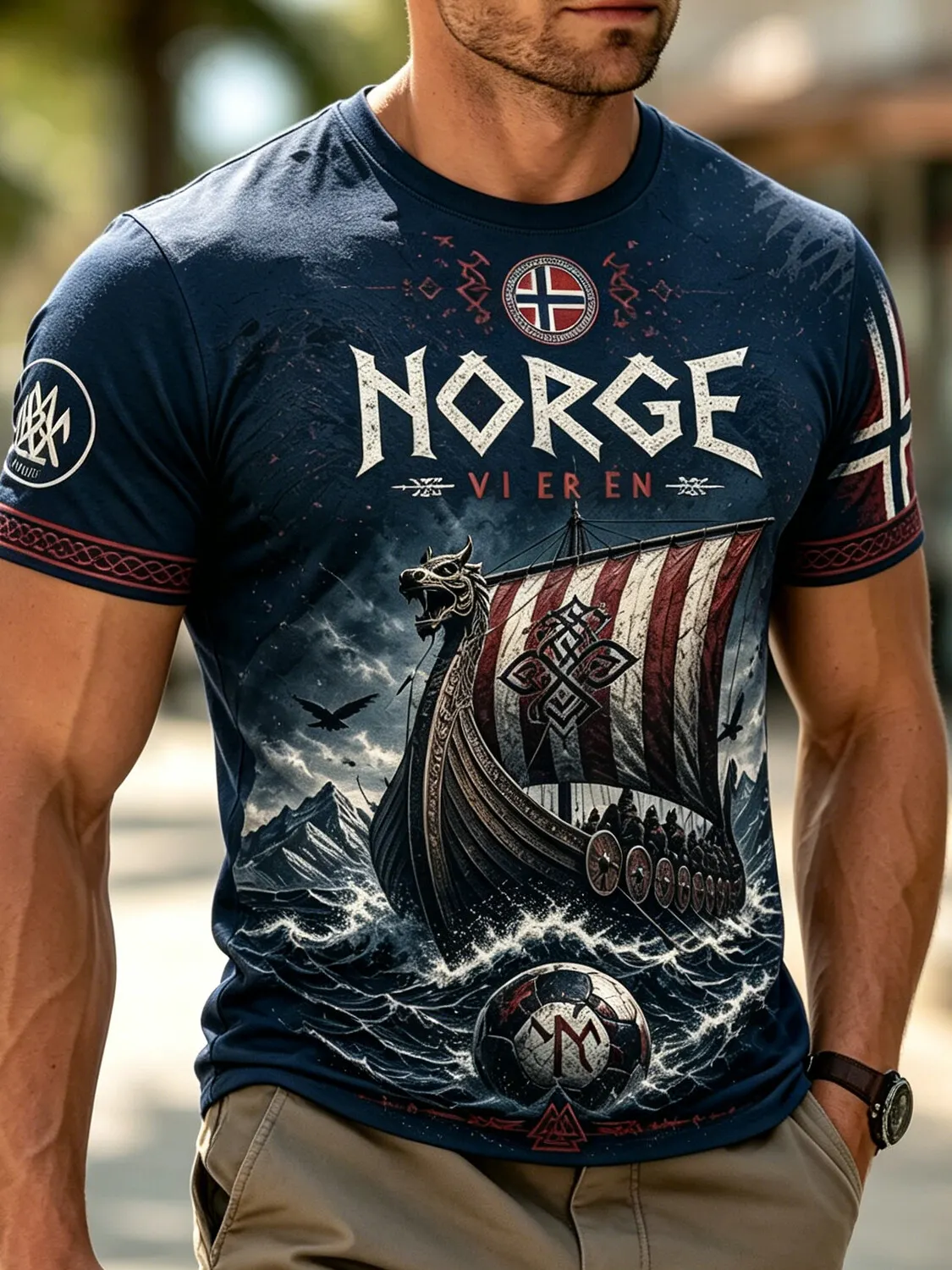 Men's Norway Viking Dragon Boat Football Vintage Print T-Shirt