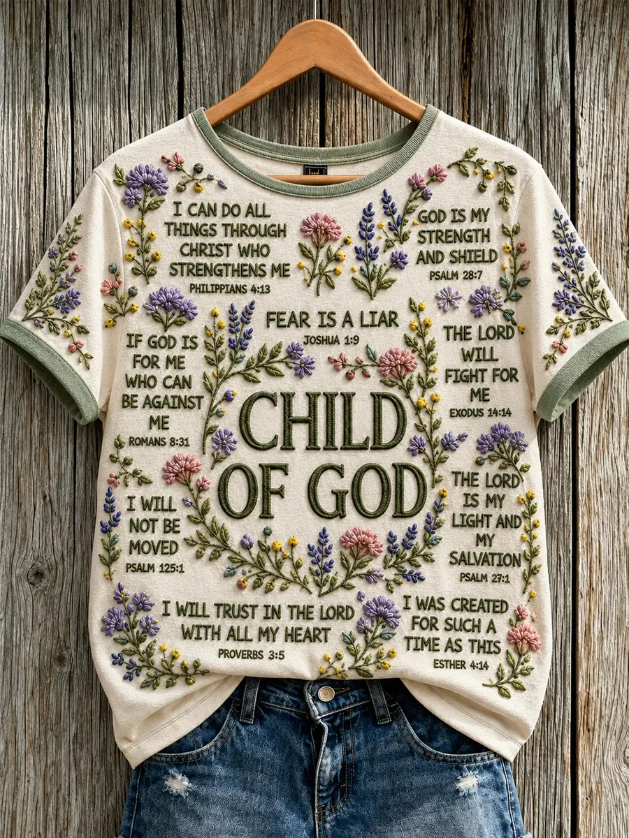 Women's Ringer Child Of God Bible Verse Floral Art Print Casual T-Shirt