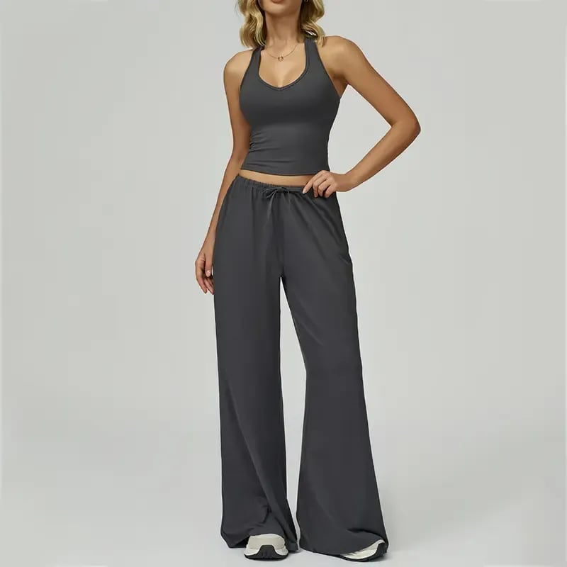 💖Hot 50% OFF✨ Women’s 2-Piece Silk-Like Lounge Set – V-Neck Strappy Top & Wide Leg Pants