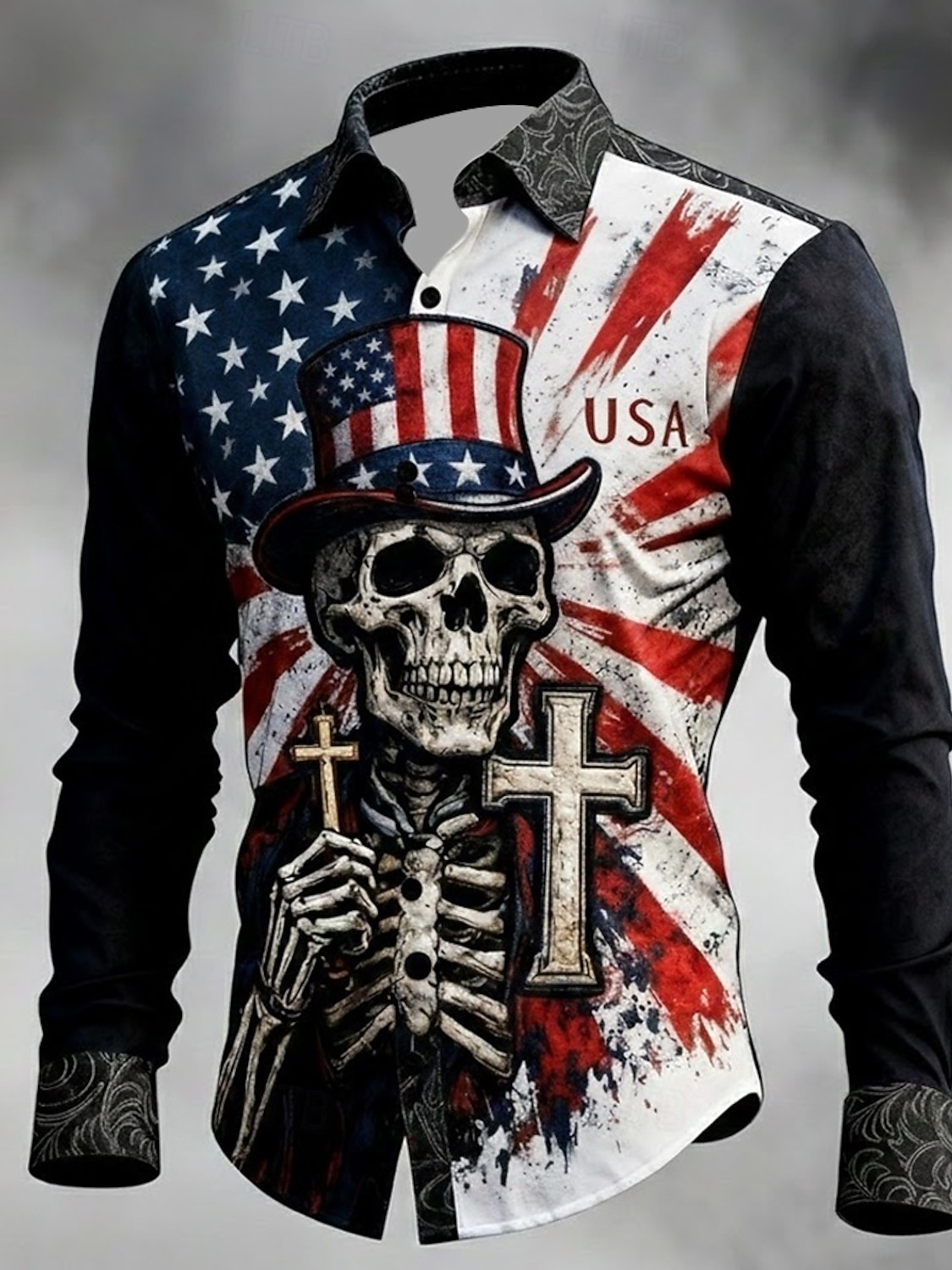 Men's Skeleton Cross Stars and Stripes Art Print Long Sleeve Shirt