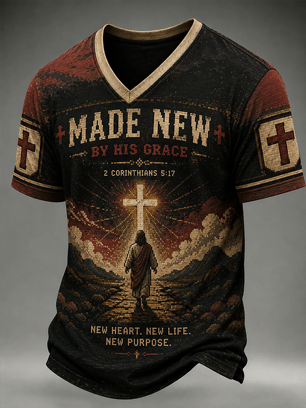 Men's Made New By His Grace Vintage Cross Jesus' Back Print V Neck T-Shirt