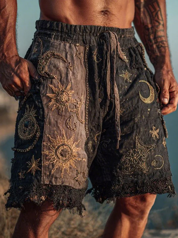 Men'S Retro Sun And Moon Patchwork Print Casual Shorts