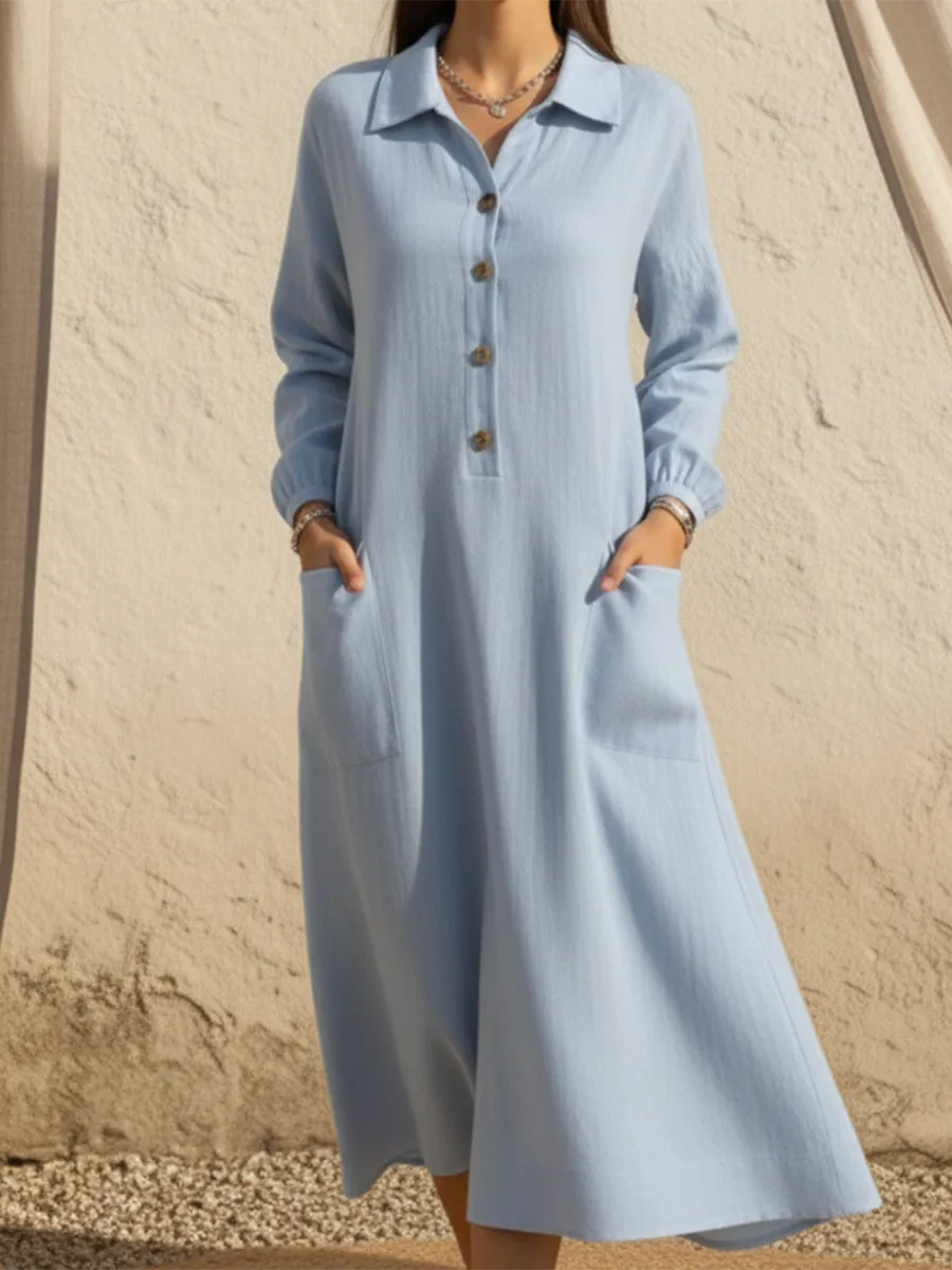 Women's Casual A-line Button Linen Shirt Dress