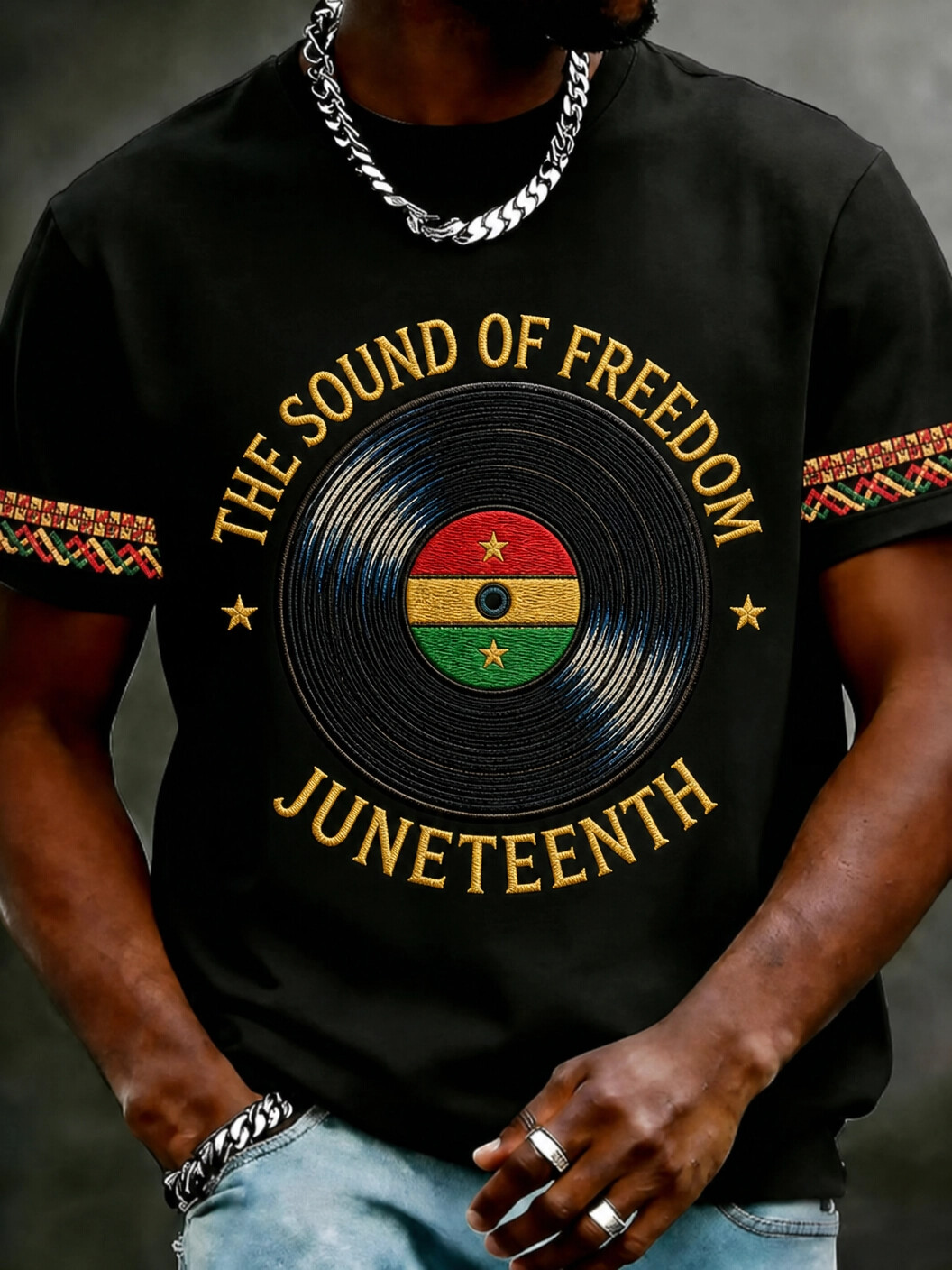Men's Juneteenth The Sound of Freedom Ghana Flag Vinyl Record Print T-Shirt