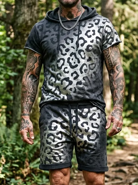Men's Gradient Leopard Art Print Hooded T-Shirt Shorts 2Pcs Set
