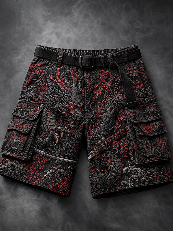 Men's Dragon Flower Ukiyo-E Japanese Art Print Casual Shorts