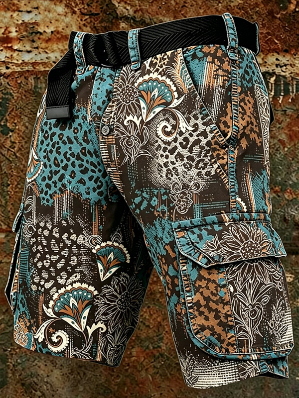 Men's Leopard And Floral Print Patchwork Casual Shorts