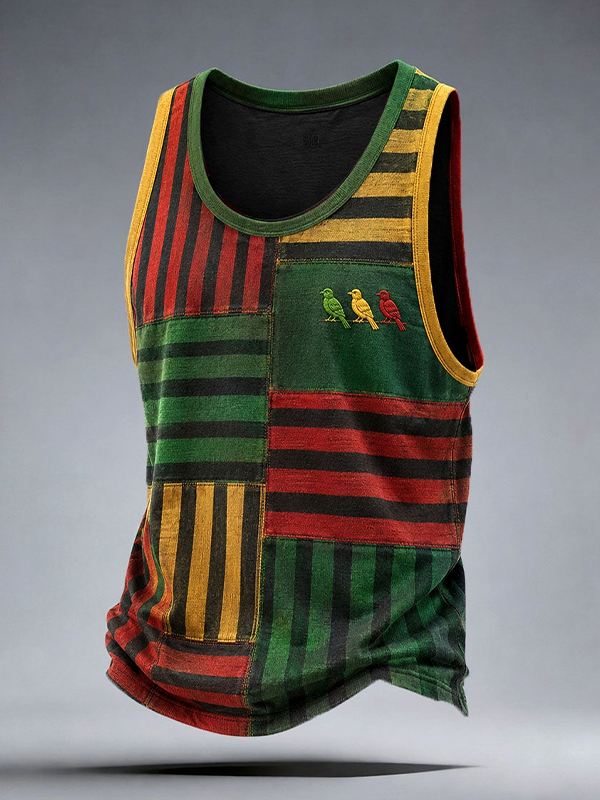 Men's Reggae Mixed-Striped Bird Colorblock Print Tank Top