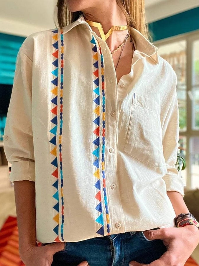 Women's Cotton and Linen Geometric Casual Shirt