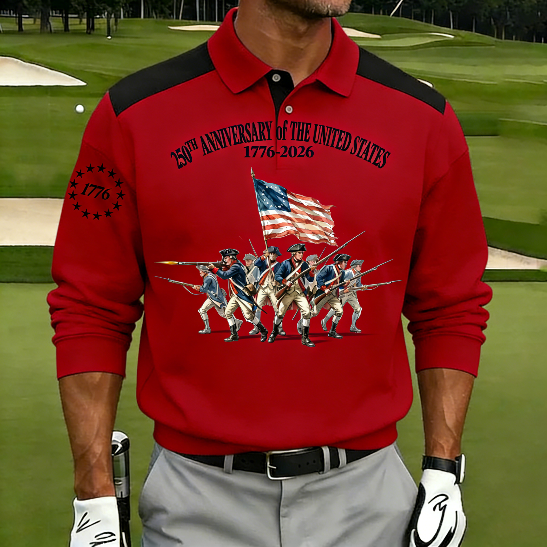 Men's 250th Anniversary US Revolutionary Soldier Polo Shirt | Patriotic Short Sleeve Golf Tee