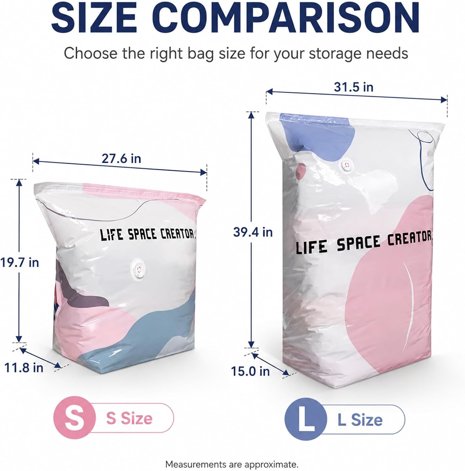 Size comparison between small and large compression storage bags in inches