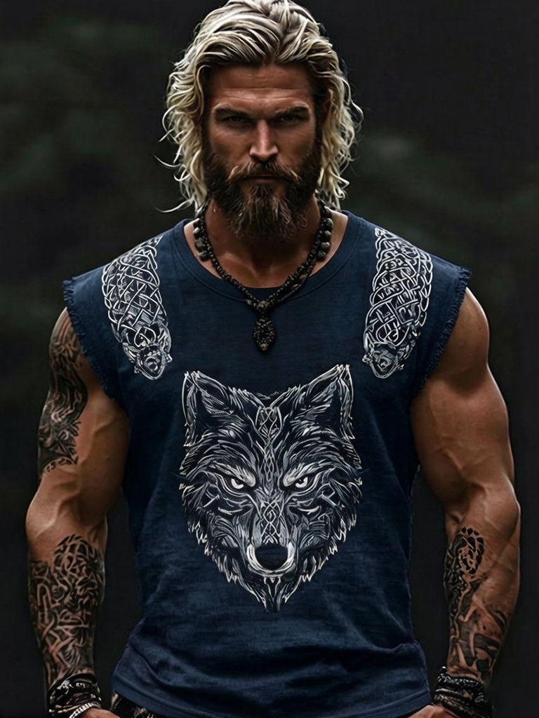 Men's Viking Wolf Head Norse Celtic Knot Art Print Tank Top