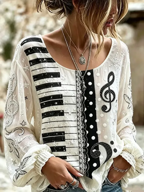Women's Retro Piano Notes Print Long Sleeve T-Shirt
